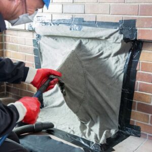 a chimney technician using a vacuum to clean a firebox