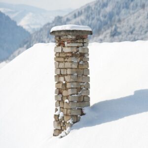 a gray stone chimney on a snow-covered roof