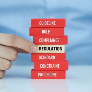 stacks of small wood pieces listing terms like "guideline," "regulation," "compliance," and "procedure"
