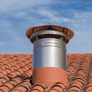 a metal flue coming out of a red roof with a chimney cap