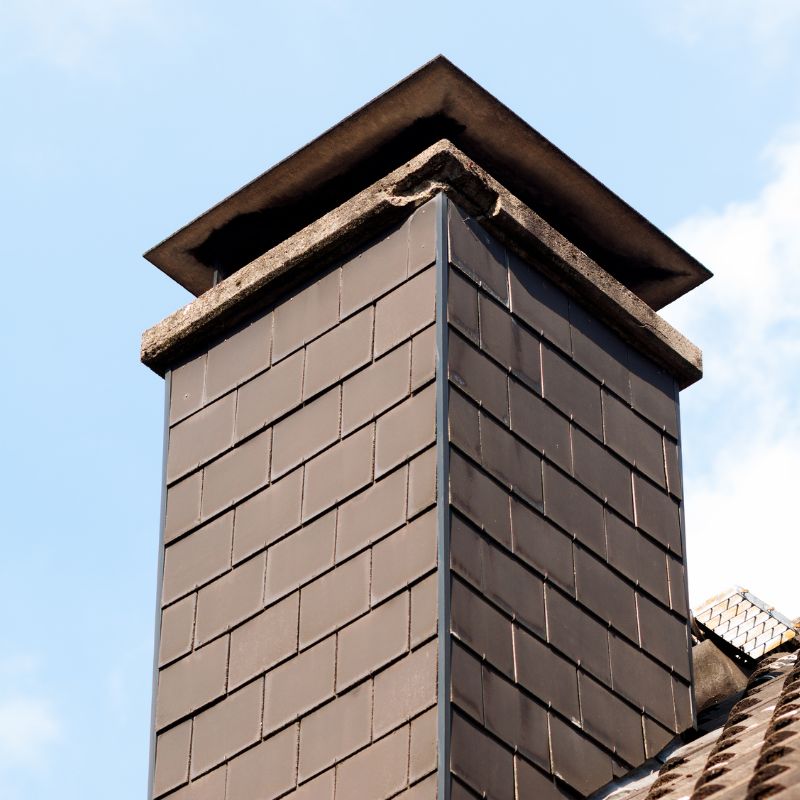 stock photo of prefab chimney a gray-brown prefab chimney with a broken/rusted chimney chase cover