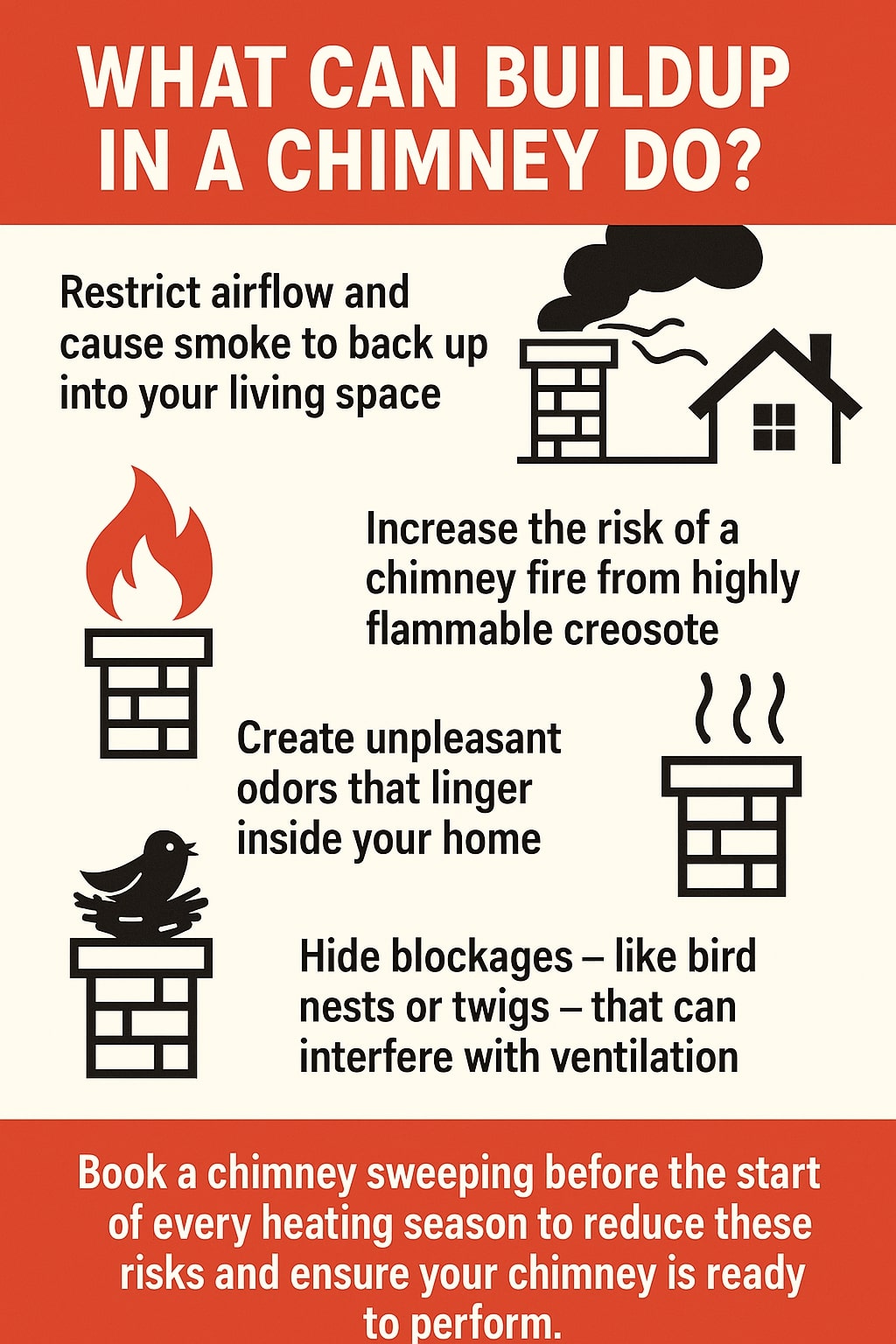 Original infographic with a cream background and red header titled “What Can Buildup in a Chimney Do?” in bold uppercase text. It uses black icons and red accent graphics to illustrate chimney risks. The top right shows a smoking chimney connected to a house with the text “Restrict airflow and cause smoke to back up into your living space.” Below, a flame rising from a chimney accompanies “Increase the risk of a chimney fire from highly flammable creosote.” To the right, wavy odor lines over a chimney symbolize “Create unpleasant odors that linger inside your home.” At the bottom left, a bird perched on a chimney illustrates “Hide blockages – like bird nests or twigs – that can interfere with ventilation.” A bold red footer reads: “Book a chimney sweeping before the start of every heating season to reduce these risks and ensure your chimney is ready to perform.”<br />
